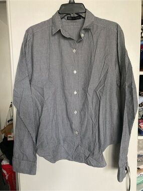 Women’s Classic Pinstripe Button-Up Shirt - gray / white size M/L ruffle back